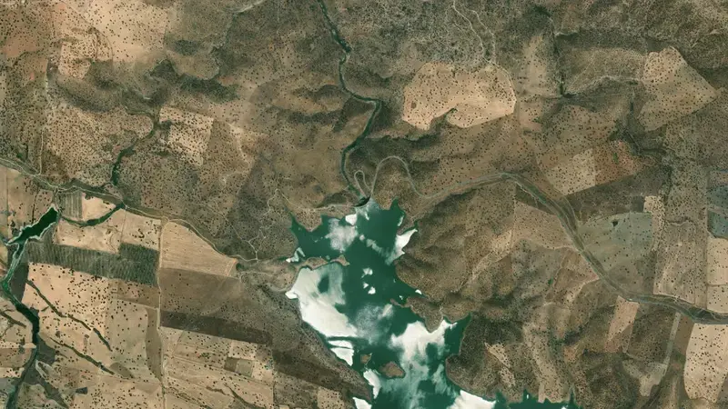 Satellite view of La Colada reservoir, Córdoba, Andalusia, Spain
