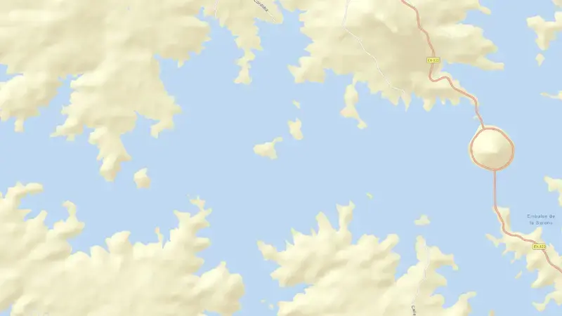 Road map of La Serena reservoir, Badajoz, Extremadura, Spain