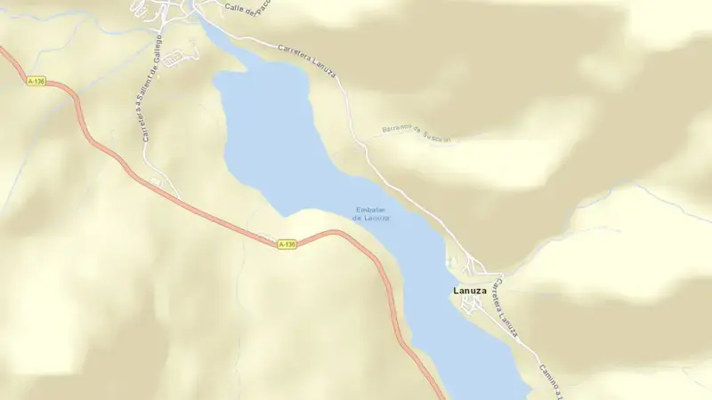 Road map of Lanuza reservoir, Huesca, Aragon, Spain