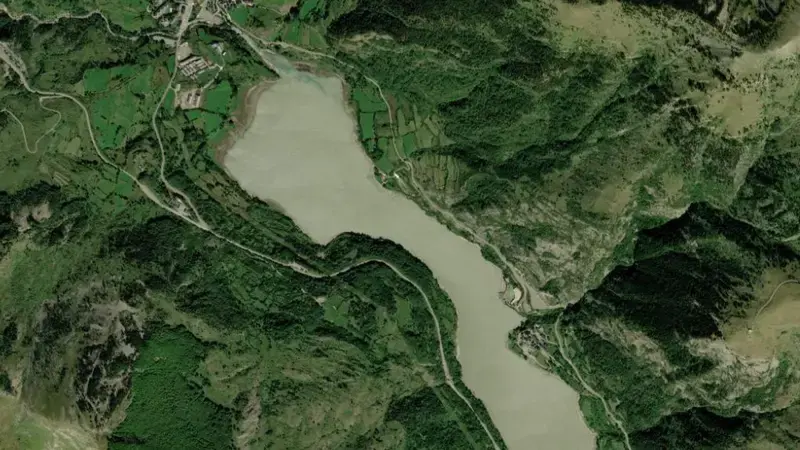 Satellite view of Lanuza reservoir, Huesca, Aragon, Spain