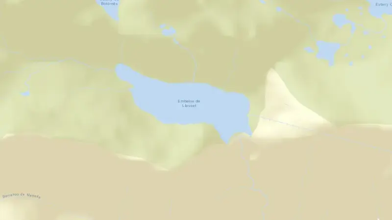 Road map of Llauset reservoir, Huesca, Aragon, Spain