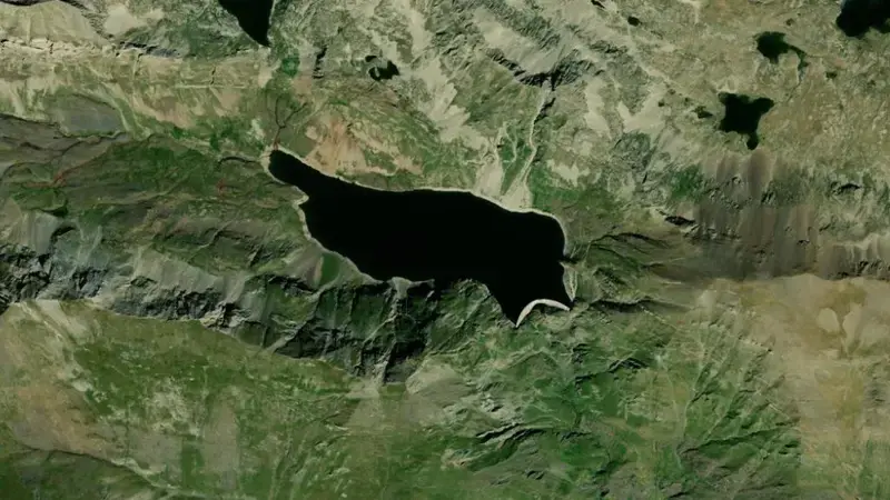 Satellite view of Llauset reservoir, Huesca, Aragon, Spain