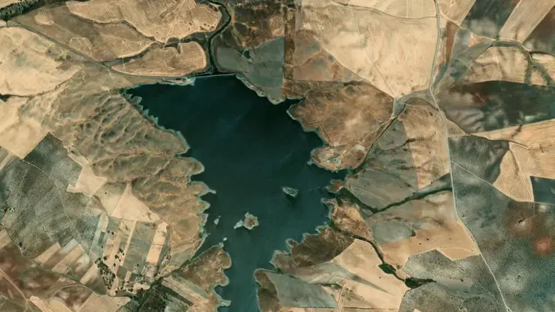 Satellite view of Llerena reservoir, Badajoz, Extremadura, Spain