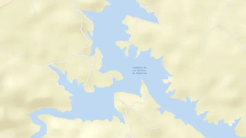 Road map of Los Molinos reservoir, Badajoz, Extremadura, Spain