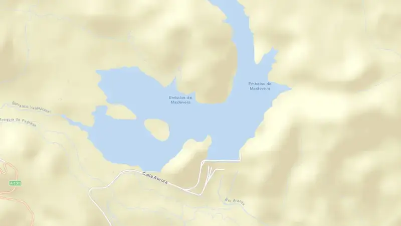 Road map of Maidevera reservoir, Zaragoza, Aragon, Spain