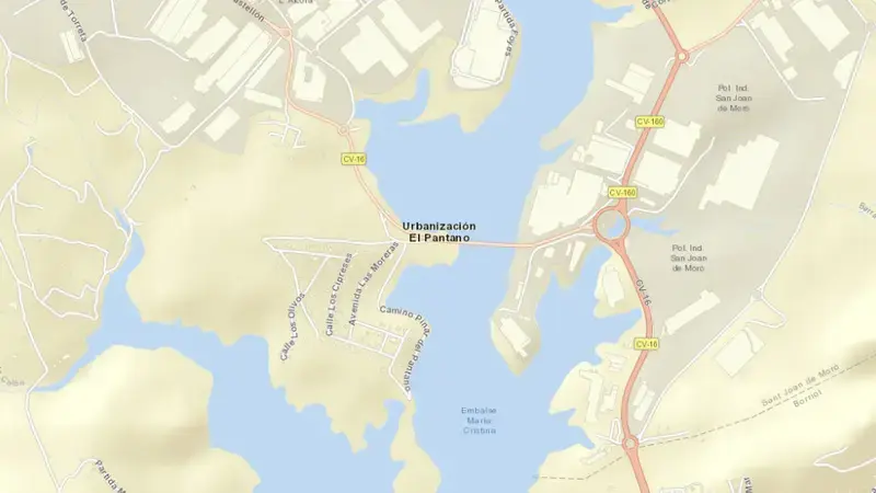 Road map of María Cristina reservoir, Castelló / Castellón, Valencian Community, Spain