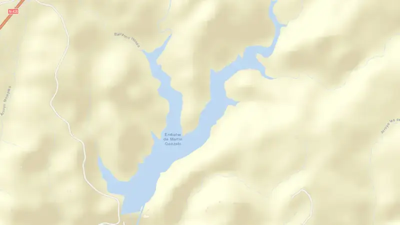 Road map of Martín Gonzalo reservoir, Córdoba, Andalusia, Spain