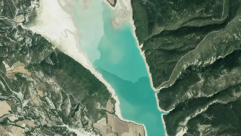 Satellite view of Mediano reservoir, Huesca, Aragon, Spain