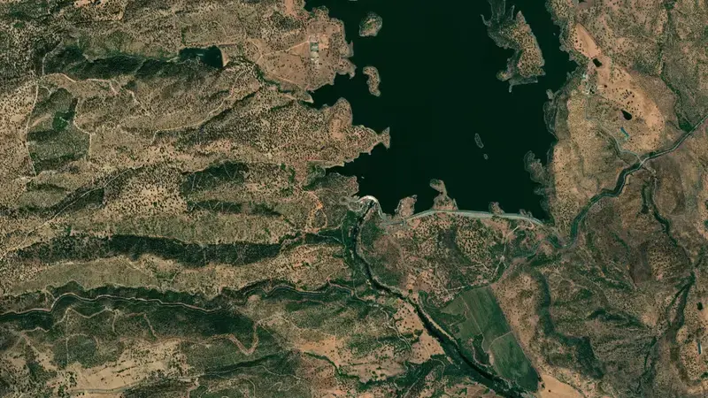 Satellite view of Los Melonares reservoir, Sevilla, Andalusia, Spain