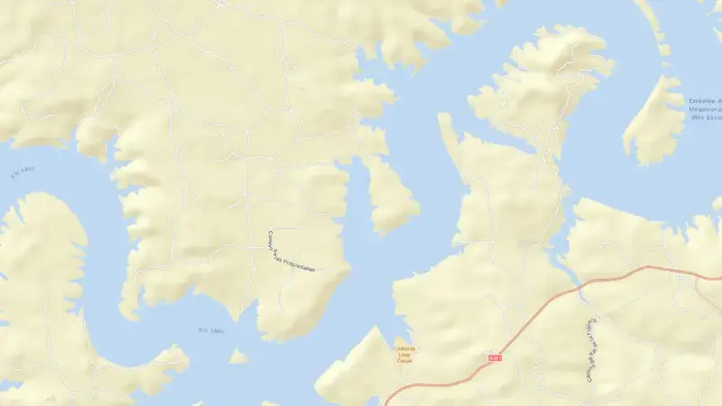 Road map of Mequinenza reservoir, Zaragoza, Aragon, Spain