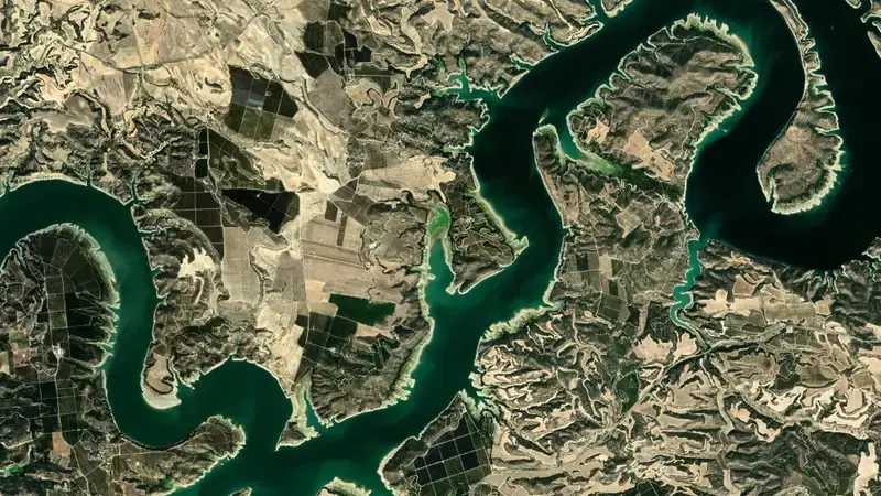 Satellite view of Mequinenza reservoir, Zaragoza, Aragon, Spain
