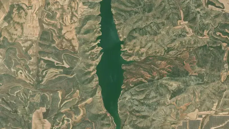 Satellite view of Moneva reservoir, Zaragoza, Aragon, Spain
