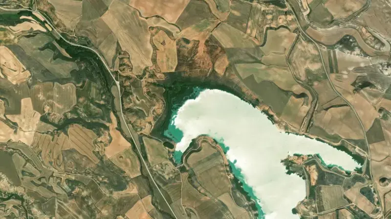 Satellite view of Monteagudo reservoir, Soria, Castile and León, Spain