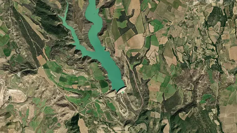 Satellite view of Montearagón reservoir, Huesca, Aragon, Spain