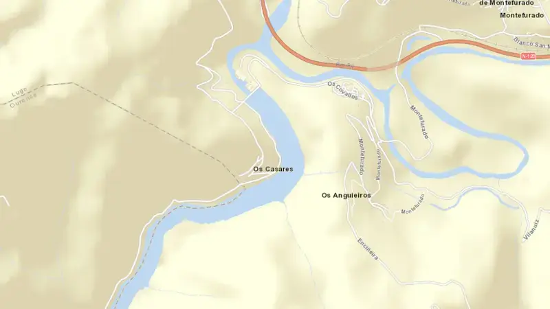 Road map of Montefurado reservoir, Lugo, Galicia, Spain