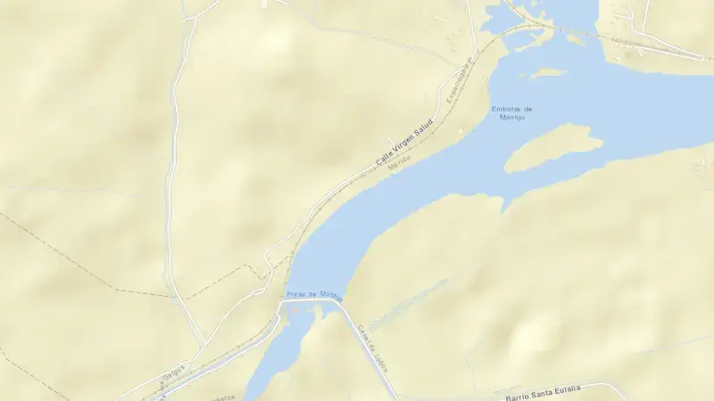 Road map of Montijo reservoir, Badajoz, Extremadura, Spain