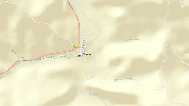 Road map of Nagore reservoir, Pirinioaurrea, Navarre, Spain