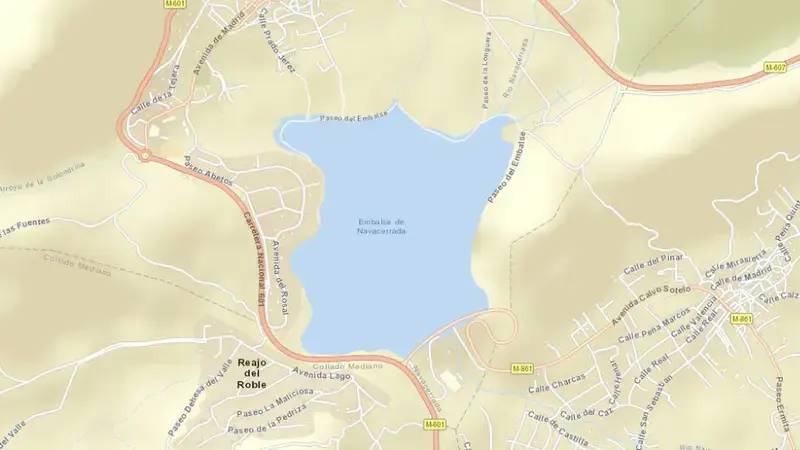 Road map of Navacerrada reservoir, Community of Madrid, Spain