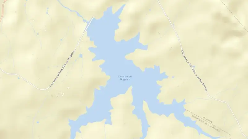 Road map of Nogales reservoir, Badajoz, Extremadura, Spain