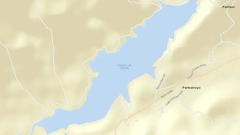 Road map of Ordunte reservoir, Burgos, Castile and León, Spain