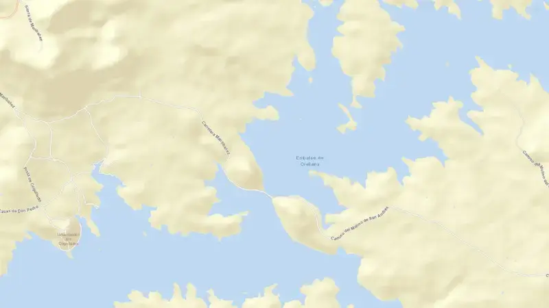 Road map of Orellana reservoir, Badajoz, Extremadura, Spain