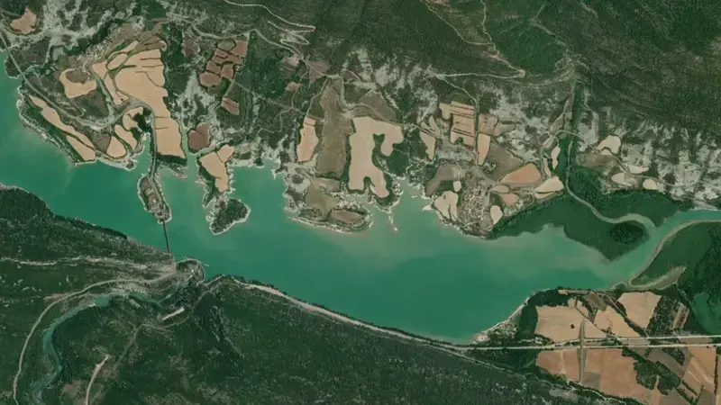 Satellite view of La peña reservoir, Huesca, Aragon, Spain