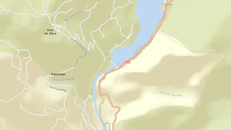 Road map of Peñarrubia reservoir, León, Castile and León, Spain