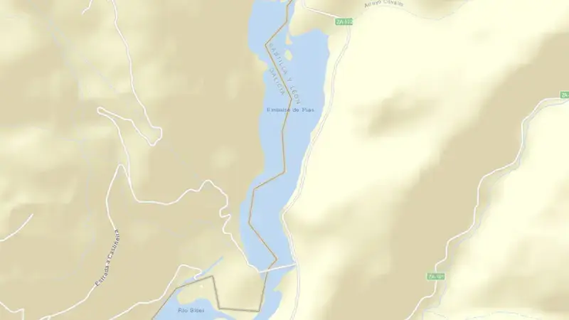 Road map of Pías (San Agustín) reservoir, Zamora, Castile and León, Spain