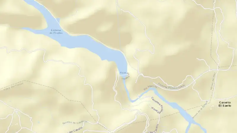 Road map of Picadas reservoir, Community of Madrid, Spain