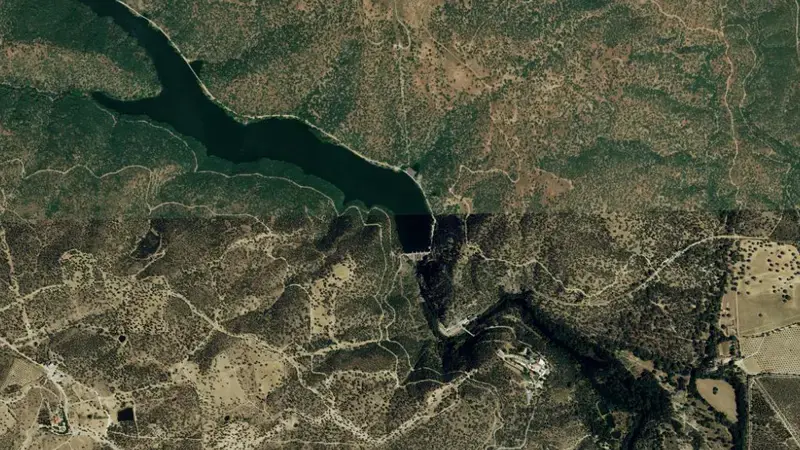 Satellite view of Picadas reservoir, Community of Madrid, Spain