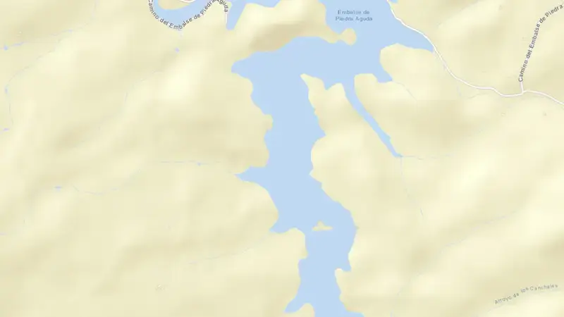 Road map of Piedra Aguda reservoir, Badajoz, Extremadura, Spain