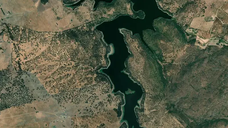 Satellite view of Piedra Aguda reservoir, Badajoz, Extremadura, Spain