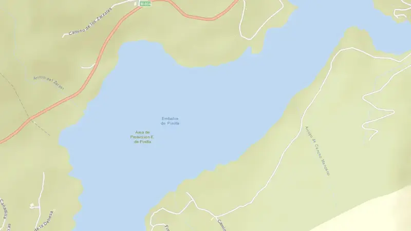 Road map of Pinilla reservoir, Community of Madrid, Spain