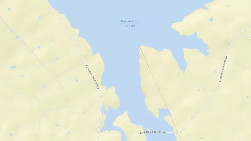 Road map of Portaje reservoir, Cáceres, Extremadura, Spain