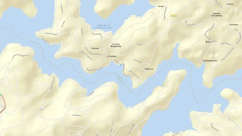 Road map of Portodemouros reservoir, Terra de Melide, Galicia, Spain