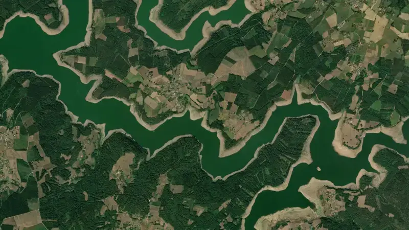 Satellite view of Portodemouros reservoir, Terra de Melide, Galicia, Spain