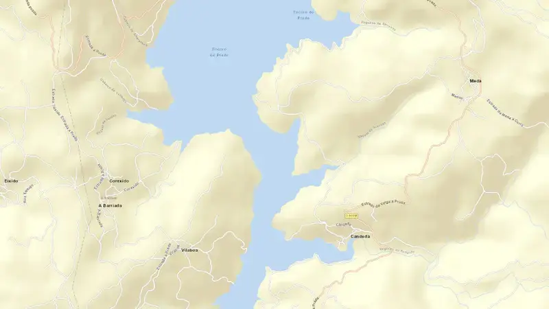 Road map of Prada reservoir, Ourense, Galicia, Spain