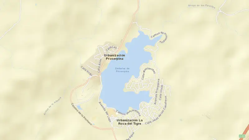 Road map of Proserpina reservoir, Badajoz, Extremadura, Spain