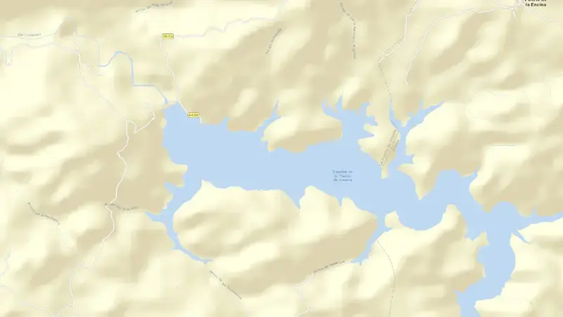 Road map of Puebla de Cazalla reservoir, Sevilla, Andalusia, Spain
