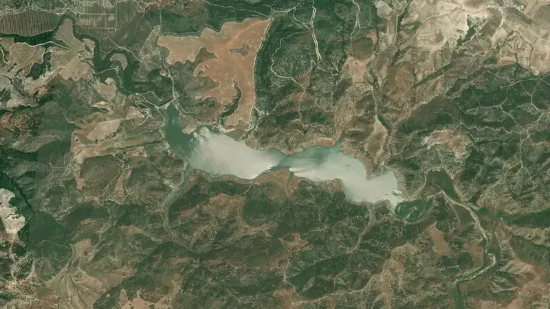 Satellite view of Puebla de Cazalla reservoir, Sevilla, Andalusia, Spain