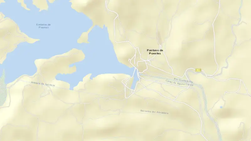 Road map of Puentes reservoir, Region of Murcia, Spain