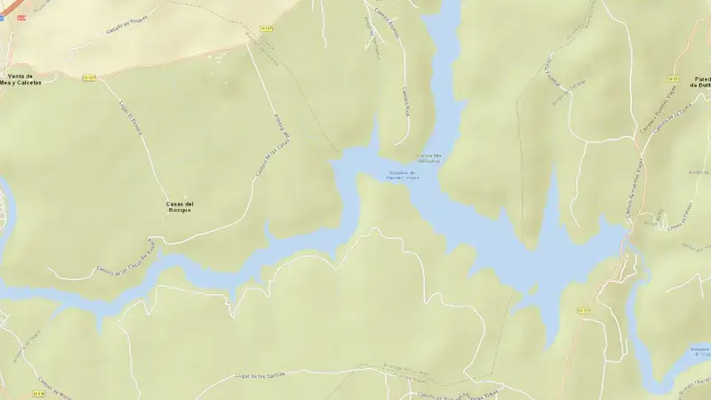 Road map of Puentes Viejas reservoir, Community of Madrid, Spain