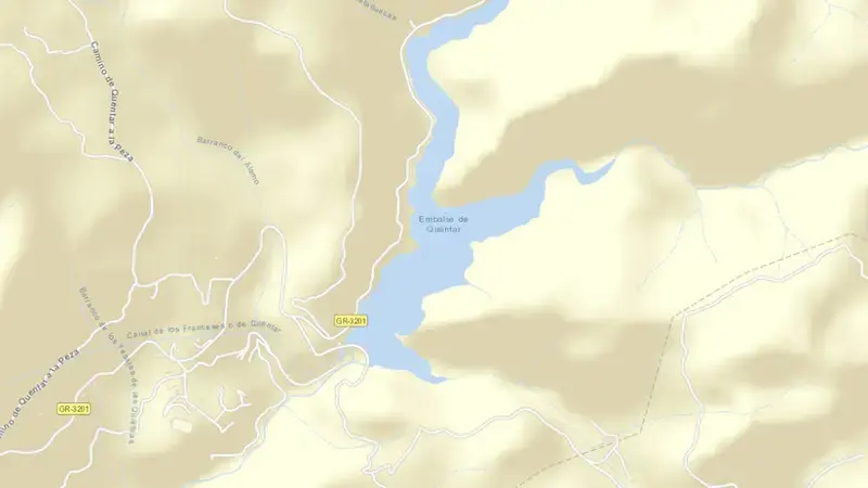 Road map of Quéntar reservoir, Granada, Andalusia, Spain