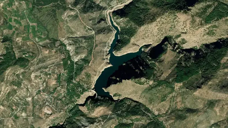 Satellite view of Quéntar reservoir, Granada, Andalusia, Spain