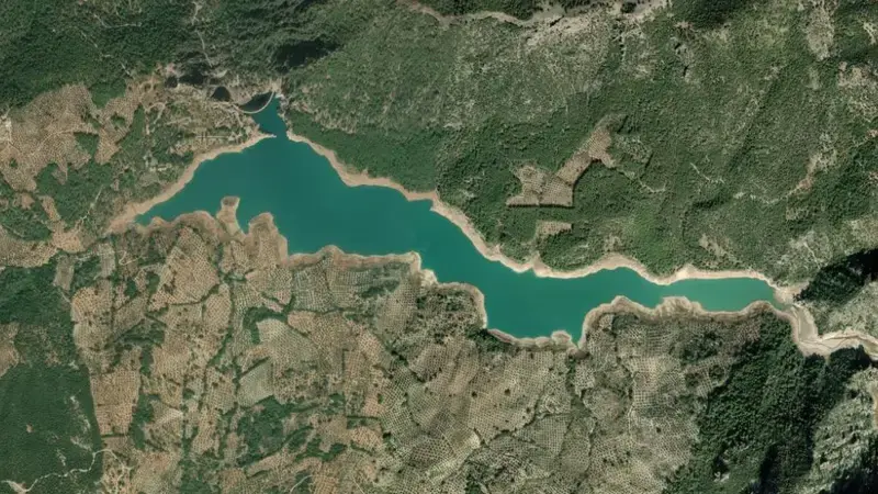 Satellite view of Quiebrajano reservoir, Jaén, Andalusia, Spain