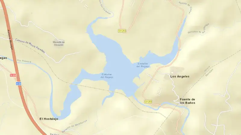 Road map of Regajo reservoir, Júcar, Spain