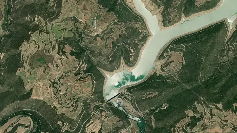 Satellite view of Rialb reservoir, Lleida, Catalonia, Spain