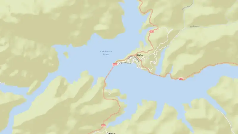 Road map of Riaño reservoir, León, Castile and León, Spain