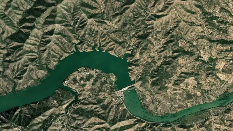 Satellite view of Ribarroja reservoir, Tarragona, Catalonia, Spain