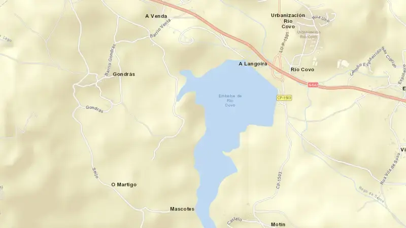 Road map of Riocobo reservoir, Lugo, Galicia, Spain